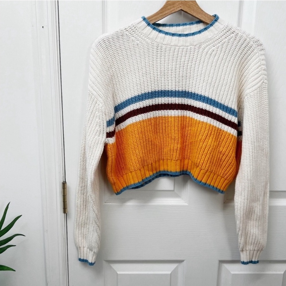 American Eagle Crop Crew Neck Knit Stripe Long Sleeve Sweater